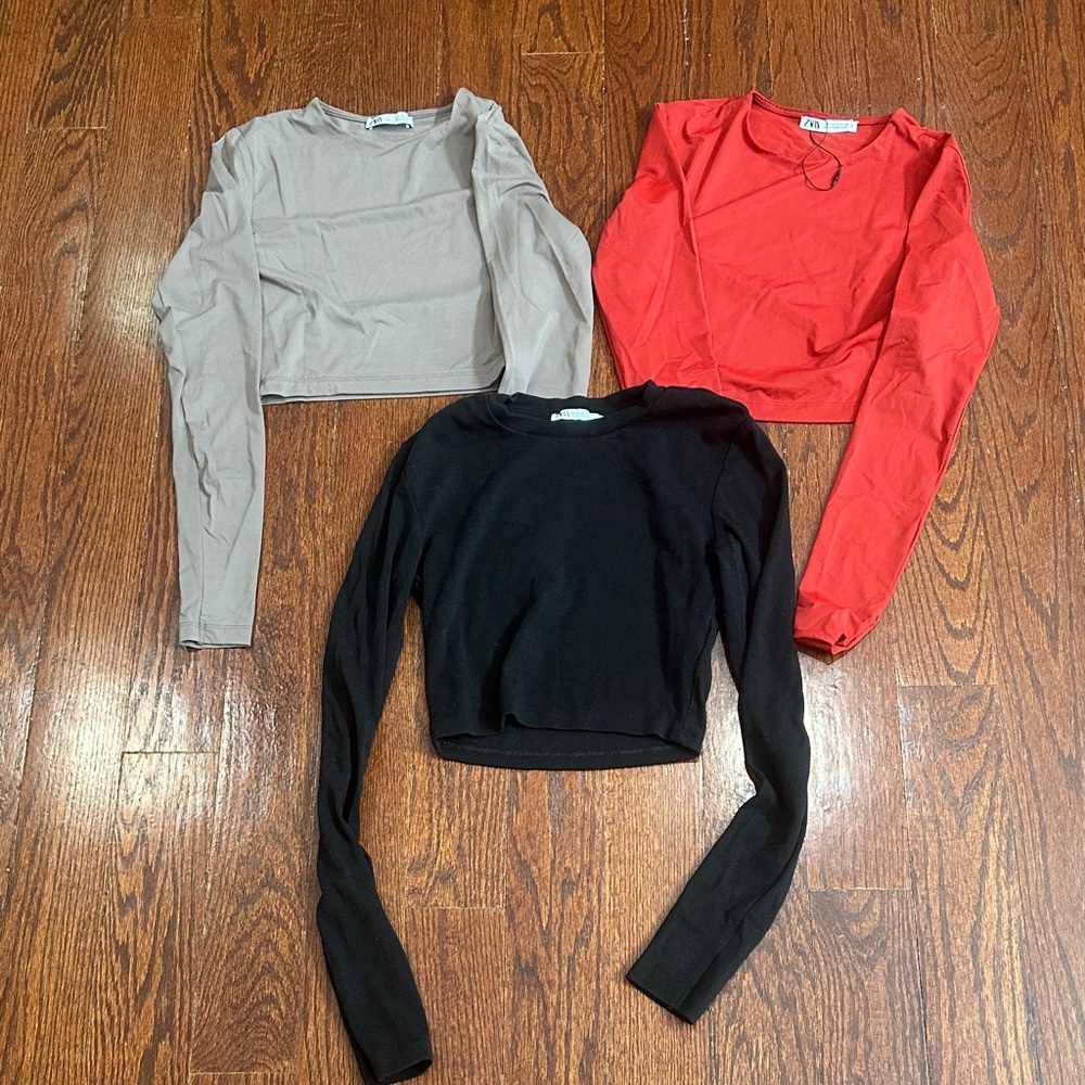 Set of Three Long Sleeve Zara Crop Tops - Black, Red, and Gray size small